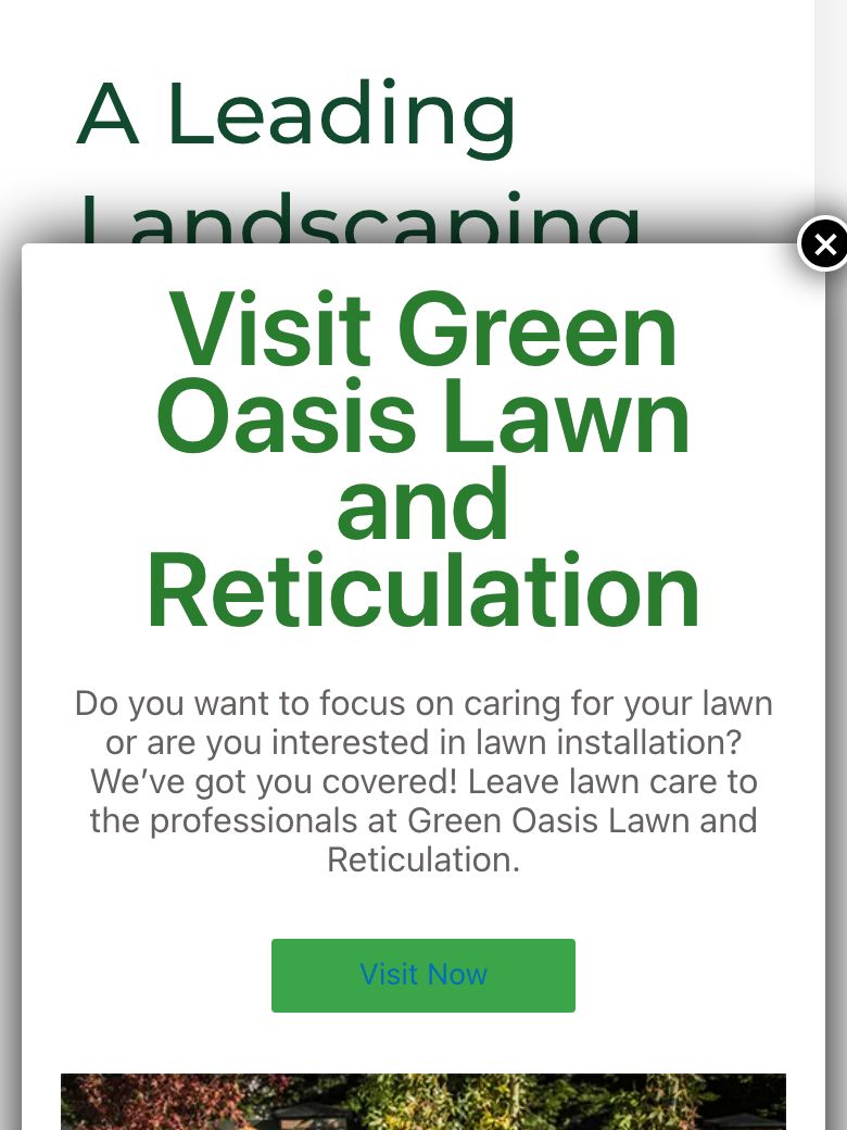 Pop-up on the Green Oasis homepage pointing to Green Oasis Lawn and Reticulation